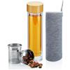 INTIRILIFE Bottiglia da tè in vetro filtro in acciaio inox - bottiglia termica a doppia parete da 400 ml in vetro borosilicato con manicotto- bottiglia il tè da portare con sé, coperchio in bambù