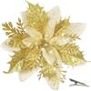 MIKAILE 20 Pezzi Fiori di Natale Artificiali con Clip, Fiori Poinsettia Glitter per Albero di Natale Ghirlanda Decorazioni Natalizie Casa (Oro)