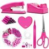 QpenguinBabies Forniture per ufficio rosa caldo, accessori da scrivania rosa caldo, set di cucitrice e dispenser di nastro per le donne con cucitrice, dispenser di nastro, rimozione graffette, clip, forbici e note…