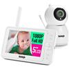Sainlogic Video Babyphone con telecamera, Baby Monitor da interno, display LCD da 5 pollici 1080P FHD, vista giorno e notte, temperatura e allarme, citofono, bianco