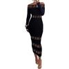 ORANDESIGNE Abito Lungo Donna Vestito Maniche Lunghe Sexy Abito Senza Spalline Bodycon Abiti Lunghi Patchwork Rete Slim Fit Trasparente Nero Midi Abito da Cerimonia Festa Sera A Nero L
