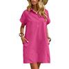 Zeagoo Abito estivo da donna al 100% in cotone e lino, casual, lunghezza fino al ginocchio, a maniche corte, con tasche, da spiaggia, Rosa, XXL