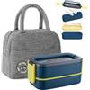 Haoh Lunch Box Kit, 1400ml 2 Strati Ermetica Porta Pranzo da Ufficio con Posate e Borsa Termica Porta Pranzo, Bento Box Microonde per Picnic Scuola Uffici Adulto (Blu Scuro)
