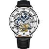 Stuhrling Original - Orologio da polso da uomo scheletro, automatico, quadrante analogico, doppio fuso orario, AM/PM Sun Moon, Oro, Cinturino