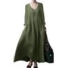 ORANDESIGNE Abito Lungo Donna Cotone e Lino Caftano Boho Abito Ampio Casual Manica Lunga Scollo a V Abiti Lunghi Oversized Vestiti Maxi Abito Largo Tasche Vestito Spiaggia Estivo A Army Green 3XL