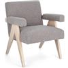 Konte.Design Poltrona FAIZA in tessuto effetto bouclé tortora e gambe in legno rubberwood