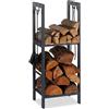 Relaxdays Scaffale Porta-Legna con 2 Ripiani, 100 x 40 x 30 cm, 4 Ganci per gli Accessori da Camino, Acciaio, Antracite