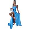generico Abito Donna Lungo Scollo Cuore Bretelle Bustier Spacco Alto Elegante Cerimonia Celeste/Taglia Unica