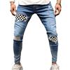 Each women Jeans da Uomo in Denim Scozzese Slim Punk Rock Pantaloni Skinny in Denim con Patch strappate