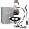 GRUTTI Set da barba, rasoio cromato di lusso e portaspazzole con portasapone e spazzola in tasso Badger Pennello e rasoio di sicurezza compatibile con Mach 3