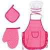 Cozlly 4pz Set Grembiule e Cappello Cuoco Bambini, Grembiule da Cucina Bambini, Cappello Cuoco da Elastico, Guanti Forno Bambini, Cuscinetti isolanti, Set da Cucina e da Forno per Bambini 3-12 Anni