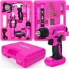ThinkLearn Set di 64 attrezzi rosa con trapano a batteria, trapano elettrico da 8 V e kit di attrezzi rosa per donne, mandrino senza chiave da 3/8, kit di cacciaviti elettrici per fai da te e riparazioni,