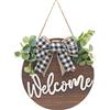 LTHERMELK Cartello di Benvenuto Porta D'ingresso Rotondo in Legno Ghirlande di Benvenuto con Fiocco e Foglie Artificiali per Esterni e Casa e Ufficio Decorazioni da Parete, 30 x 30 cm