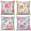 ASDCXZ Set di 4 federe copricuscino da 40 x 40 cm, motivo acquerello, rosa, viola, giallo, fiori, foglie verdi, per divano, federa per cuscino decorativo, lavabile, in poliestere e lino, per esterni