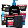 Garnier PureActive Gel Detergente Carbone 250ml + Sapone Viso Carbone 100g + Strip Zona T Anti Punti Neri 4 Cerotti + Trattamento 3in1 Carbone 150ml