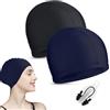 BNOYONERAS 2 Pezzi Cuffia Piscina Tessuto, Cuffie da Nuoto, Cuffie da Piscina Nuoto, Adulto Cappello da Nuoto, con Clip per Naso Tappi per le Orecchie per Uomo Donna Super Elastica e Leggera(Marina, Nera)