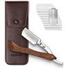 Störtebekker Shaving Accessories Störtebekker Rasoio con manico in legno, in custodia in pelle fatta a mano, con pennello & 10 lame - Set di coltelli da barba - rasoi a umido di qualità premium - rasoio a mano libera (Legno - Cafè)