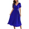 Vagbalena Vestiti da Donna Eleganti Sexy con Scollo a V a Pieghe in Chiffon con Scollo a V Maniche a Sbuffo con Cintura Plissettata Lilla Abiti da Ballo Longuette Mini Abiti (Blu,L)