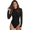 GORGLITTER Body da donna a maniche lunghe, a maglia, sexy, in rete, a maniche lunghe, elegante, con colletto rialzato, Nero , S