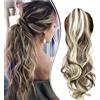 Dcbaboo Coda di Cavallo Extension Capelli Ricci Coda Capelli Extension con Pinza 45cm Posticci per Capelli Mossi Coda Finta per Capelli Sintetici Lunghi Naturali Ponytail, Marrone & Biondo Candido