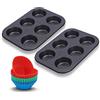 Euroxanty - Stampo per muffin e cupcake, teglia da forno, in acciaio al carbonio, antiaderente, con pirottini in silicone, 2 stampi da 6 + 12