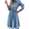 Generic Abito da donna a maniche lunghe, elegante, in jeans, estivo, lunghezza al ginocchio, con cintura, stile vintage, linea ad A, per feste, feste, in denim, Blu, XL