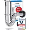 FEINER Sifone universale di alta qualità per lavabo e lavabo, in acciaio inox, set completo, rosetta, scarico 1 1/4 cromato + set di guarnizioni incluso.