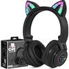 JYPS Cuffie Bluetooth con orecchie di gatto con LED, senza fili, pieghevoli, cuffie Over Ear circumaurali, con microfono, per Tablet Amazon Fire/Laptop/iPad (colore nero)