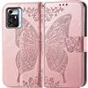 JIUNINE Cover per ZTE Blade A72 5G, Custodia Libro in Pelle Portafoglio Case Flip Antiurto con Disegni di Farfalla [Porta Carte] [Magnetica] [Interno TPU] per ZTE Blade A72 5G, Oro rosa