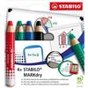 STABILO Astuccio 4 matitoni per lavagne STABILO MARKdry + temperino + panno microfibra