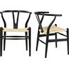 Tomile Set di 2 sedie per canne da cucina in frassino, con bracciolo, in legno massiccio, con seduta in rattan, colore nero e naturale