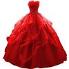 WSEYU Abito di sfera lungo increspature abiti Quinceanera pizzo senza spalline tulle perline abito da sera principessa, Rosso, 46