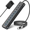 RSHTECH Hub USB Alimentato, RSHTECH 11 Porte Hub USB 3.2 con Porta Dati USB 10Gbps (2*Tipo-C, 1*Tipo-A), 7*5Gbps USB 3.0 e 20W PD, Cavo 2 in 1, Alluminio USB Splitter con Alimentazione 60W(12/5A), RSH-A11PD