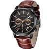 LIGE Orologi da uomo alla moda, classici orologi neri impermeabili cronografo sportivo analogico al quarzo per uomo vestito da lavoro in pelle marrone da uomo, Nero