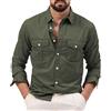 compulsoryking Camicia da uomo alla moda per il tempo libero multi-tasca manica lunga slim fit business pulsante top classico tinta unita camicia, Verde militare, L