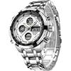 GOLDEN HOUR lusso in acciaio inox analogico digitale orologi per uomo sport all'aperto impermeabile grande orologio da polso pesante (Silver White)