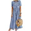 Suncolour Abbigliamento da Donna a Manica Corta Giù Abito di Jeans Lungo Casual Vestito Maxi Camicia Abito in Denim a più Livelli
