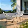 DEGHI Set relax con 2 poltrone e tavolino rotondo 50 cm in metallo nero e corda bianca - Kalimba