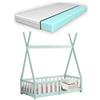 [en.casa] Letto per Cameretta a Forma di Capanna con Sponde Anticaduta e Materasso 70x140 cm Lettino Tipi per Bimbi Design Montessori Legno di Pino - Menta Verde