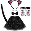 EUPSIIU Costume Gatto Bambina, Costume Gatto Carnevale Orecchie da Gatto Adesivi per Tatuaggi Facciali Lungo Coda Gonna Tutu Cravatta a Farfalla Travestimento Gatto Per Halloween Festa (Nero)