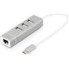 DIGITUS Hub USB Type-C 2.0 - con Adattatore LAN Fast Ethernet - 3X Porte USB-A 480 Mbps - 1x Porta RJ45 100 Mbps - Plug & Play - Argento
