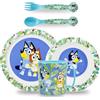 Sorrisini Set Stoviglie bambini, Piatti riutilizzabili per Asilo, Scoula, Piatto, Ciotola, Posate, Tazza 350ml, Set piatti Bambini in Plastica dura Andata per Microonde, Bluey