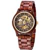Alienwork Orologio Automatico Uomo Rosso Bracciale in Legno Nero Scheletro Legno Naturale