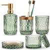 IVAILEX Set di 5 Accessori da Bagno in Vetro Verde con Dispenser per Iozioni, Portasapone, Portaspazzolino, Bicchiere, Bastoncini di Cotone, Decorazione Moderna per il Bagno, Regalo Vintage
