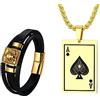 OIDEA Bracciale Collana Uomo Asso Picche: Combinazione Cranio Braccialetto Pelle e Ciondolo Acciaio Poker Oro Teschio Regalo Ragazzo Unisex Halloween Pasqua