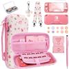 FIWWAT Switch Lite Protective Case 19 in 1 Accessories Bundle with Carrying Case, Switch Lite Carrying Case Travel Game Case with Screen Protector Cover, Humb Grips,Stand,Clear Case for Girls (Berry Pink)