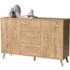 Muebles Pitarch | Aparador salone da pranzo, buffet, mobile ausiliario, 2 ante e 3 cassetti, rovere gold, 89x140x40 cm, dispensa, cucina, ufficio, moderno nordico, modello Oslo