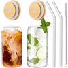 Panngu Bicchieri da Caffe Vetro Set di 2 bicchieri, Con coperchio in bambù e cannuccia in vetro Per caffè ghiacciato, Bicchieri per Cocktail, Frullati, Birra, Tazze fredde, 480 ml