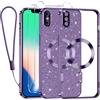 Kokio Glitter Magnetica Cover per iPhone X/XS con Cordino, Compatibile con MagSafe, Brillantini Sottile Silicone TPU Antiurto Custodia per iPhone X con 2 Vetro Temperato Bumper, Viola