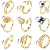 CASSIECA 9 Pezzi Anello Ansia per Donna Uomo Agitarsi Anelli per Ansia Antistress Anello Spinner Retro Anelli A Fascia Regolabile Anelli Zirconia Cubica Fiori Oro